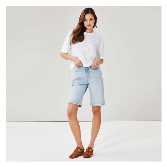 Women's Light Wash Long Denim Short